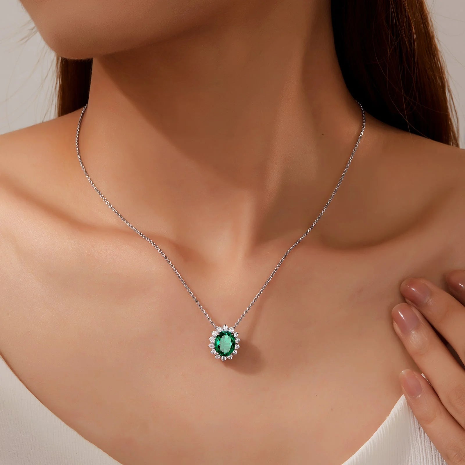 10.52 CTW Halo Necklace: Emerald Elegance Meets Diamond Brilliance